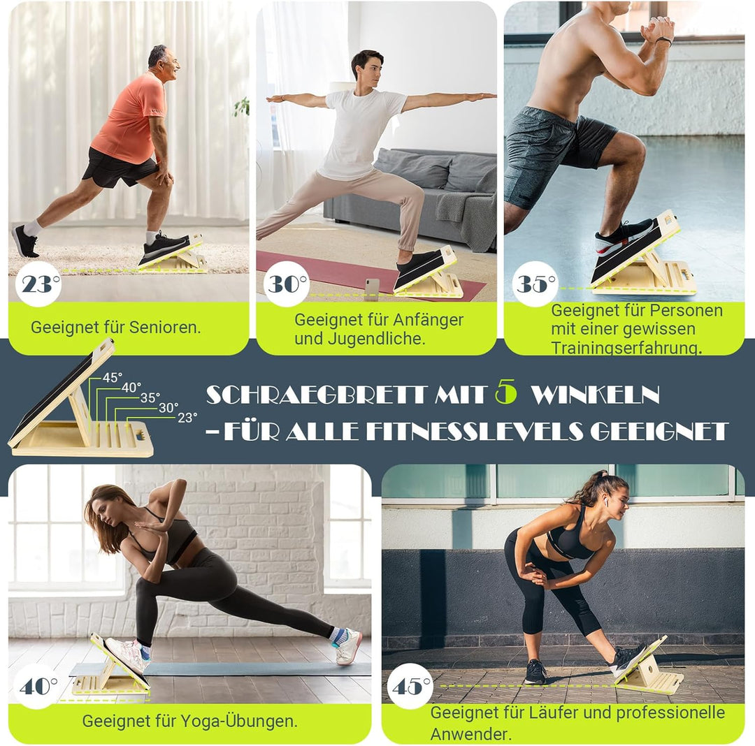 Wadendehner Schrägbrett aus Holz, Slant Board mit 5 Winkeln und Trainingsposter, Verstellbar Wadenst