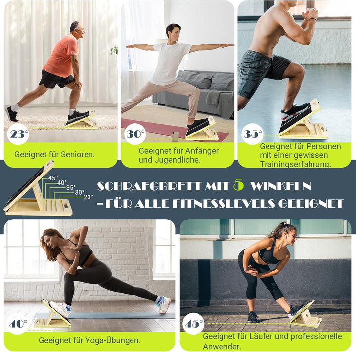 Wadendehner Schrägbrett aus Holz, Slant Board mit 5 Winkeln und Trainingsposter, Verstellbar Wadenst