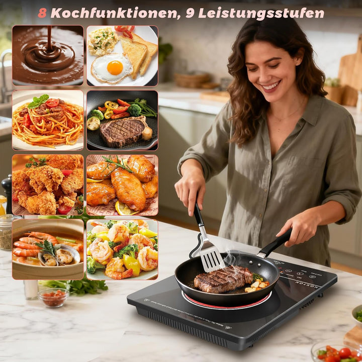 NOXTON Induktionskochfeld Einfeld 9 Leistungsstufen 2000W, Touch-Control mit LED-Display, 4h Timer,