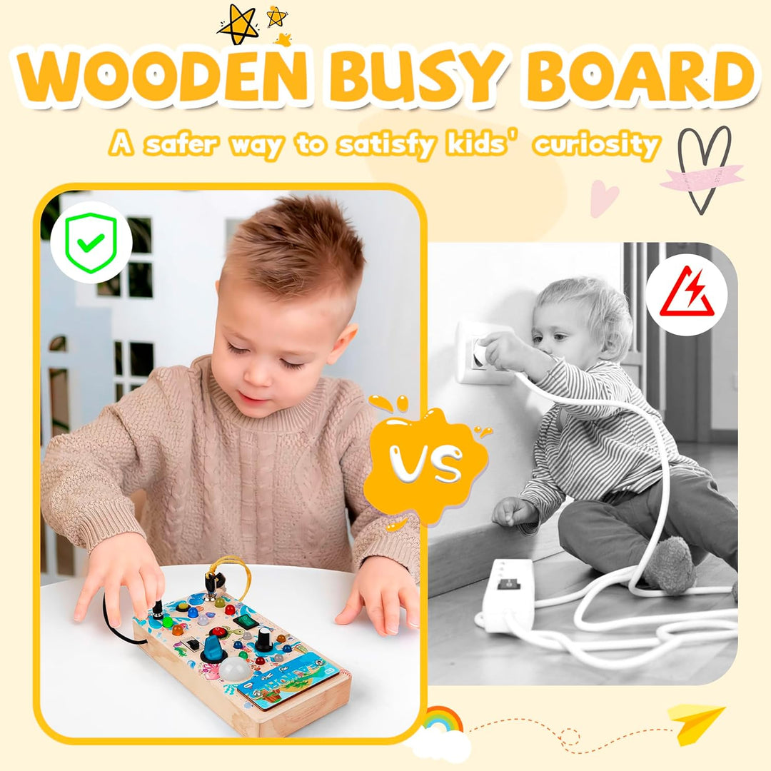 BatdTech Montessori Spielzeug Busy Board mit 15 LED Lichtschalter, Holzspielzeug Motorikspielzeug Ac