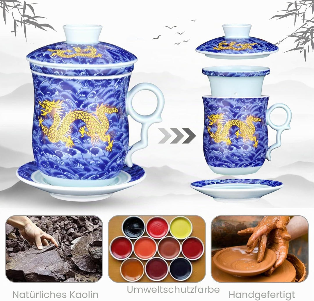 YURROAD 400ml Chinesische Teetasse, 4 in 1 Tee Becher Porzellan mit Sieb/Infusor/Deckel und Untertas