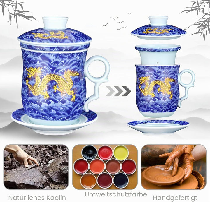 YURROAD 400ml Chinesische Teetasse, 4 in 1 Tee Becher Porzellan mit Sieb/Infusor/Deckel und Untertas