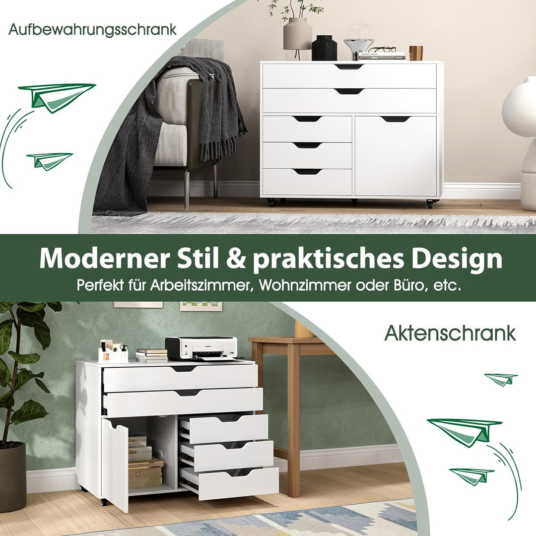 COSTWAY Rollcontainer mit 5 Schubladen Weiss, mobiler Aktenschrank mit Rollen & Tür, Schubladenschra