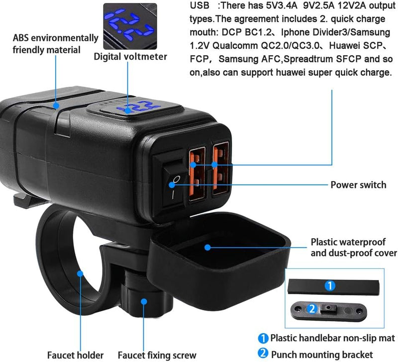 Motorrad USB Ladegerät Wasserdicht Bordsteckdose 12V Motorrad Lenker-Ladegerät Motorrad-Steckdose Du