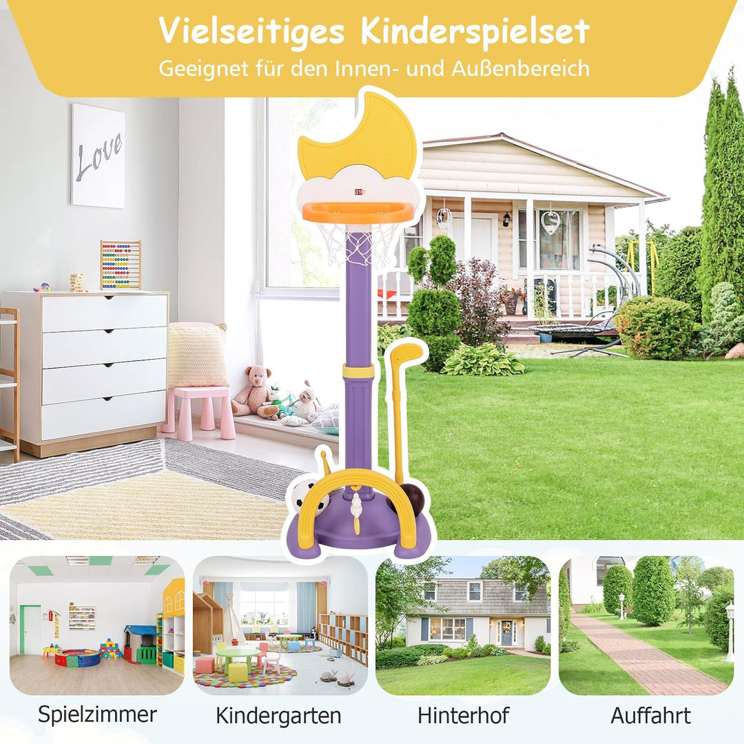 COSTWAY 4 in 1 Kinder Basketballkorb Set, Basketballständer höhenverstellbar mit Basketball & Fussba