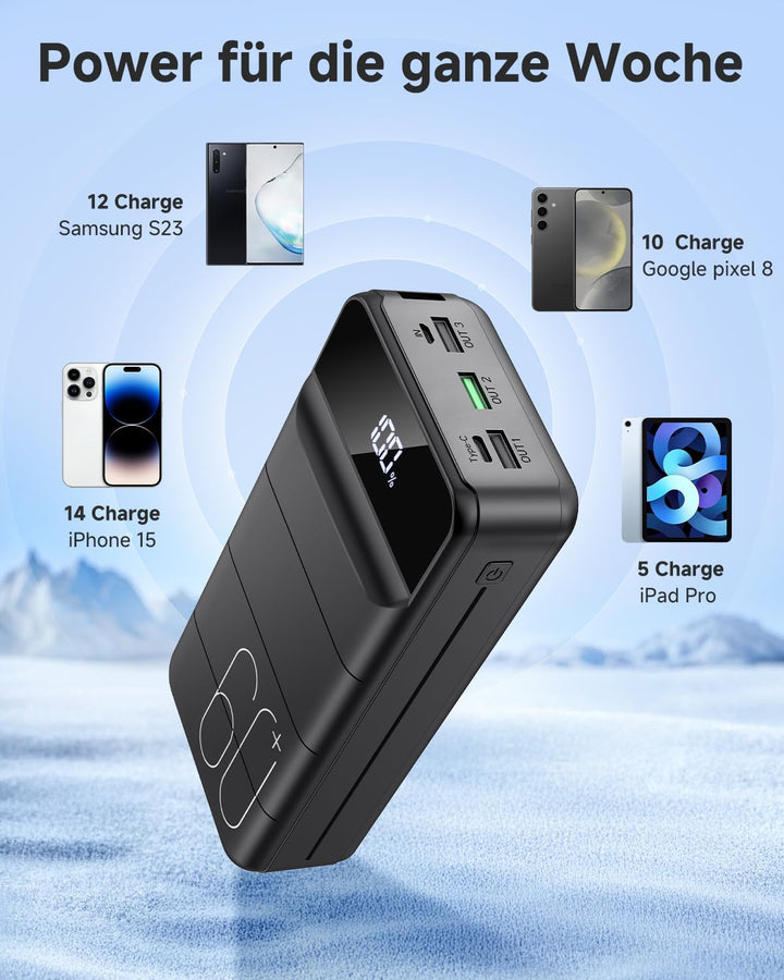 60000mAh Power Bank, 22,5W Powerbank USB-C Schnellladefunktion Externe Akku mit 4 Ausgänge und 2 Ein