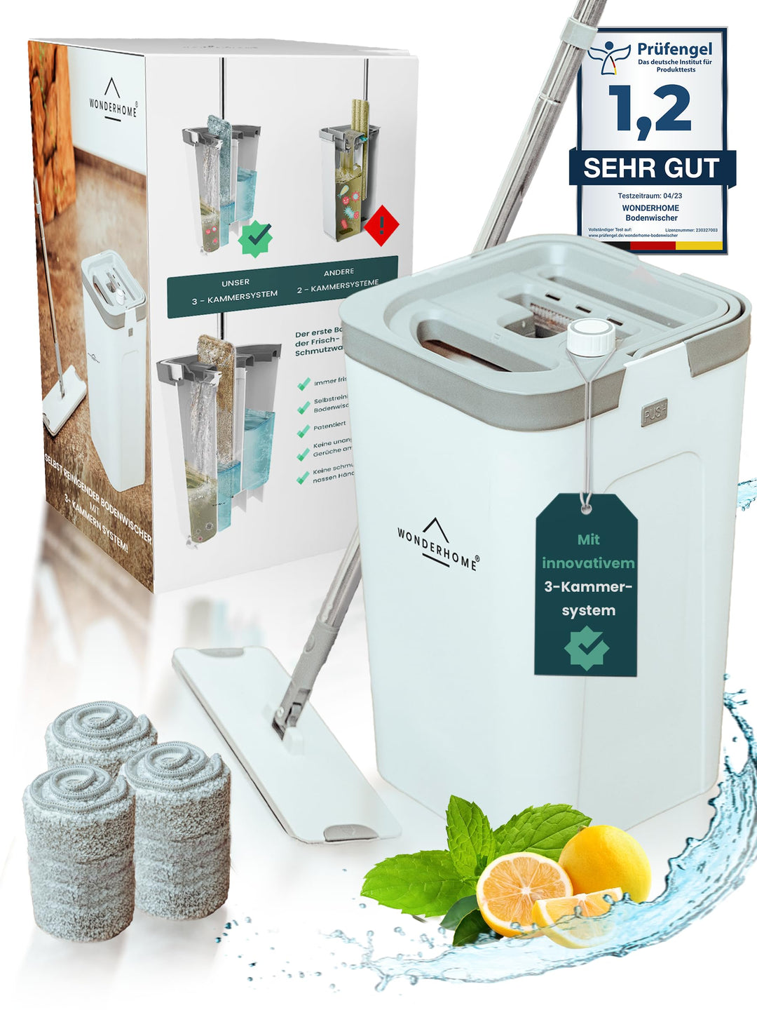 WONDERHOME - Bodenwischer Set mit Eimer - trennt Schmutz - von Frischwasser - innovatives 3 Kammer W