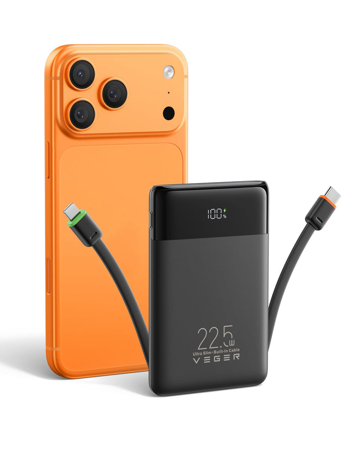 VEGER Power Bank 10000mAh Klein, 22.5W Schnellladung PowerBank mit Integriertem USB-C Kabel, Externe