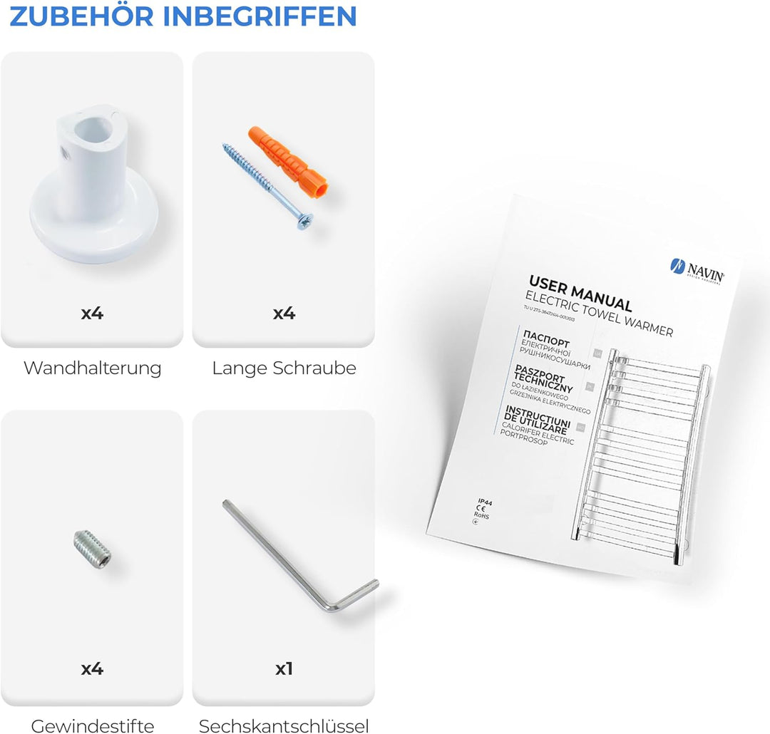 NAVIN Elektrischer Handtuchtrockner Camellia mit Druckknopf – Weiss (Weiss - Linkes, 480х800) Weiss