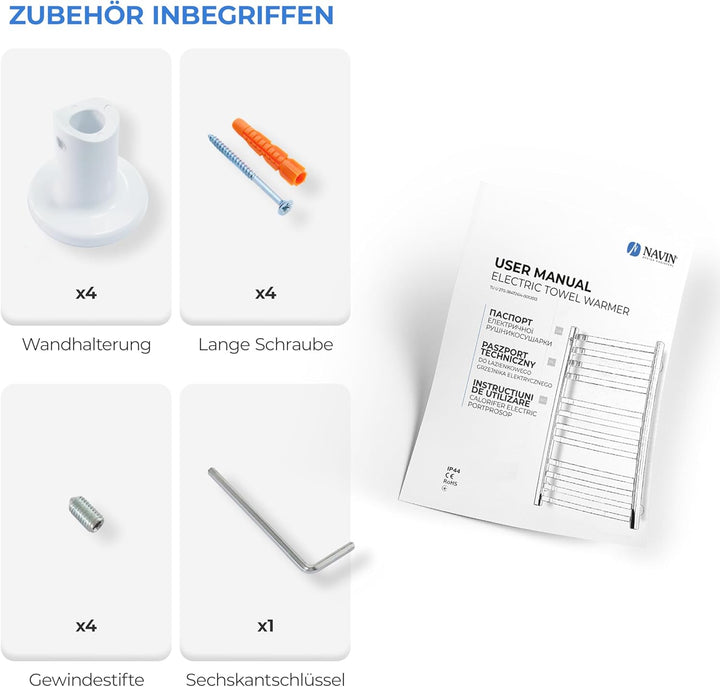 NAVIN Elektrischer Handtuchtrockner Camellia mit Druckknopf – Weiss (Weiss - Linkes, 480х800) Weiss