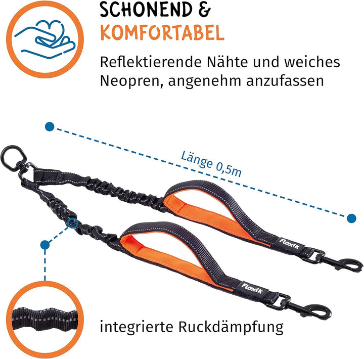 Floxik Doppelleine Komplett-Set gross | Flexible, reflektierende Premium Hundeleine für Zwei Hunde z