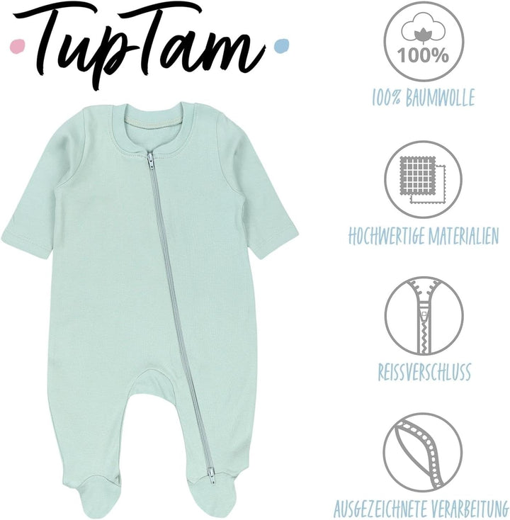 TupTam Unisex Schlafstrampler 3er Pack Baumwolle mit Reissverschluss 56 Salbeigrün Beige Punkte, 56