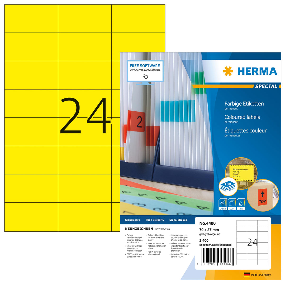 HERMA 4406 Farbige Etiketten gelb, 100 Blatt, 70 x 37 mm, 24 Stück pro A4 Bogen, 2400 Aufkleber, sel