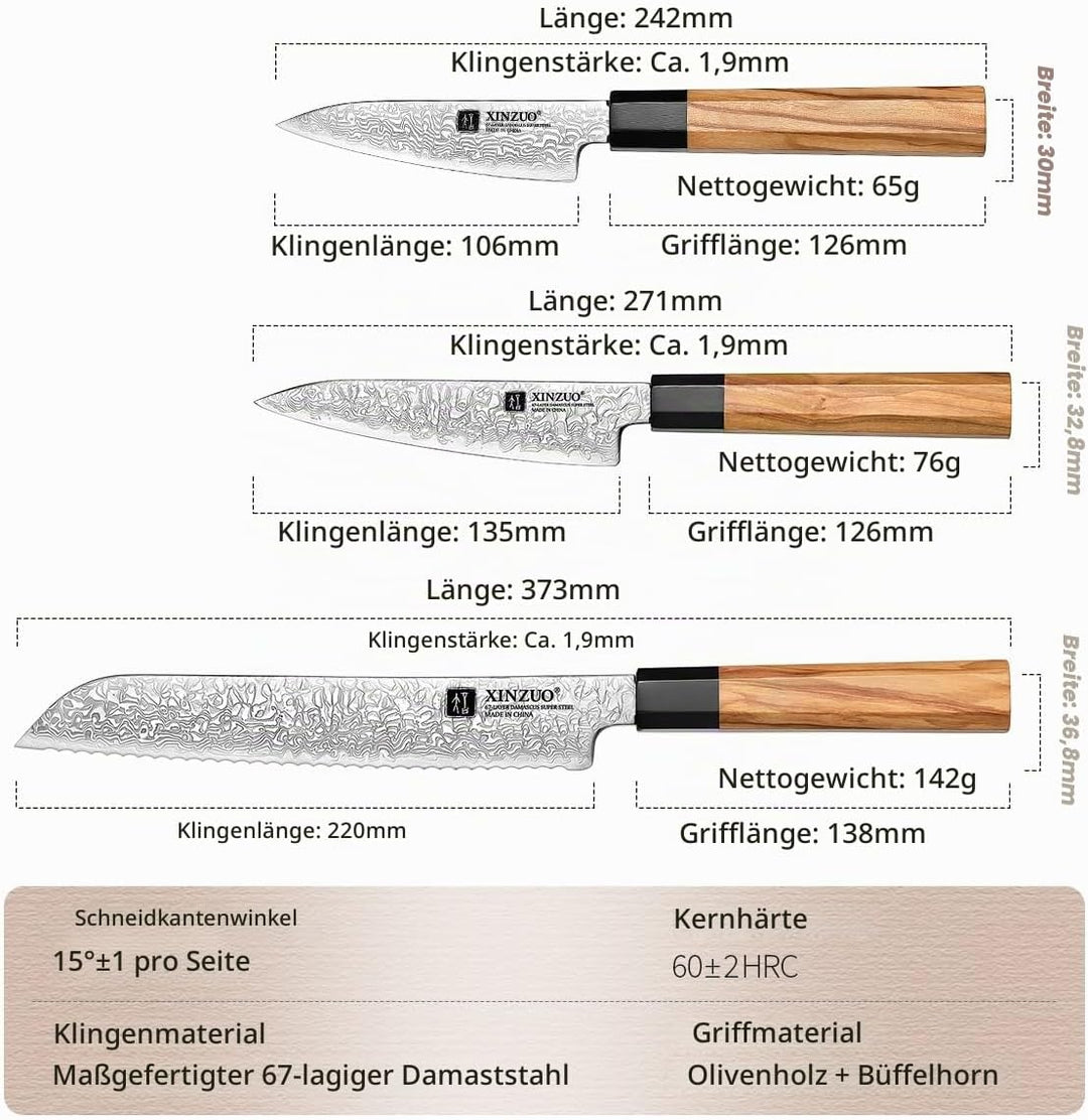XINZUO Küchenmesser Set 5er 67 Schichten Damaststahl Chefmesser Set, Profi Geschmiedet Damaskus mess