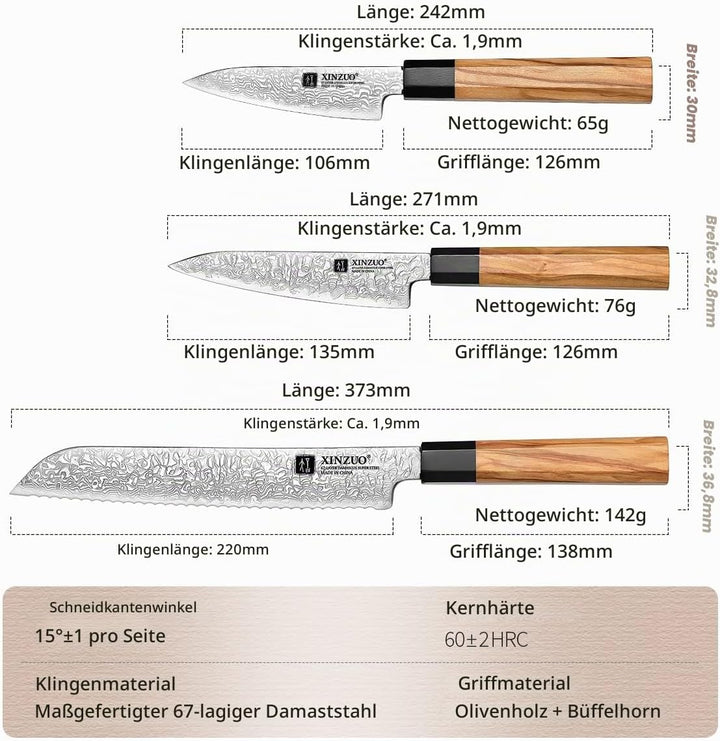 XINZUO Küchenmesser Set 5er 67 Schichten Damaststahl Chefmesser Set, Profi Geschmiedet Damaskus mess