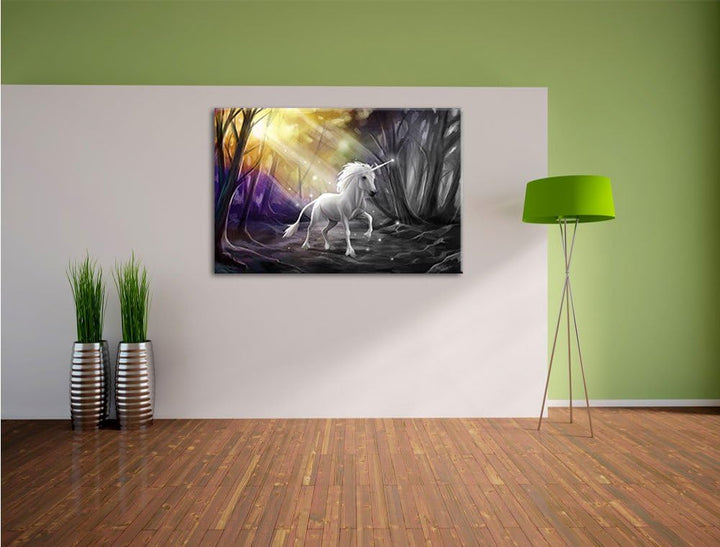 Pixxprint Einhorn im Märchenwald als Leinwandbild/Grösse: 100x70 cm/Wandbild/Kunstdruck/fertig bespa