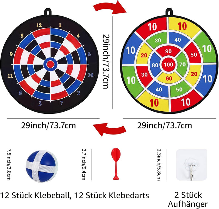 Dartscheibe für Kinder Set, 29 Zoll Doppelseitige Dartscheibe mit 12 Klebrigen Bällen, 12 Darts, gee