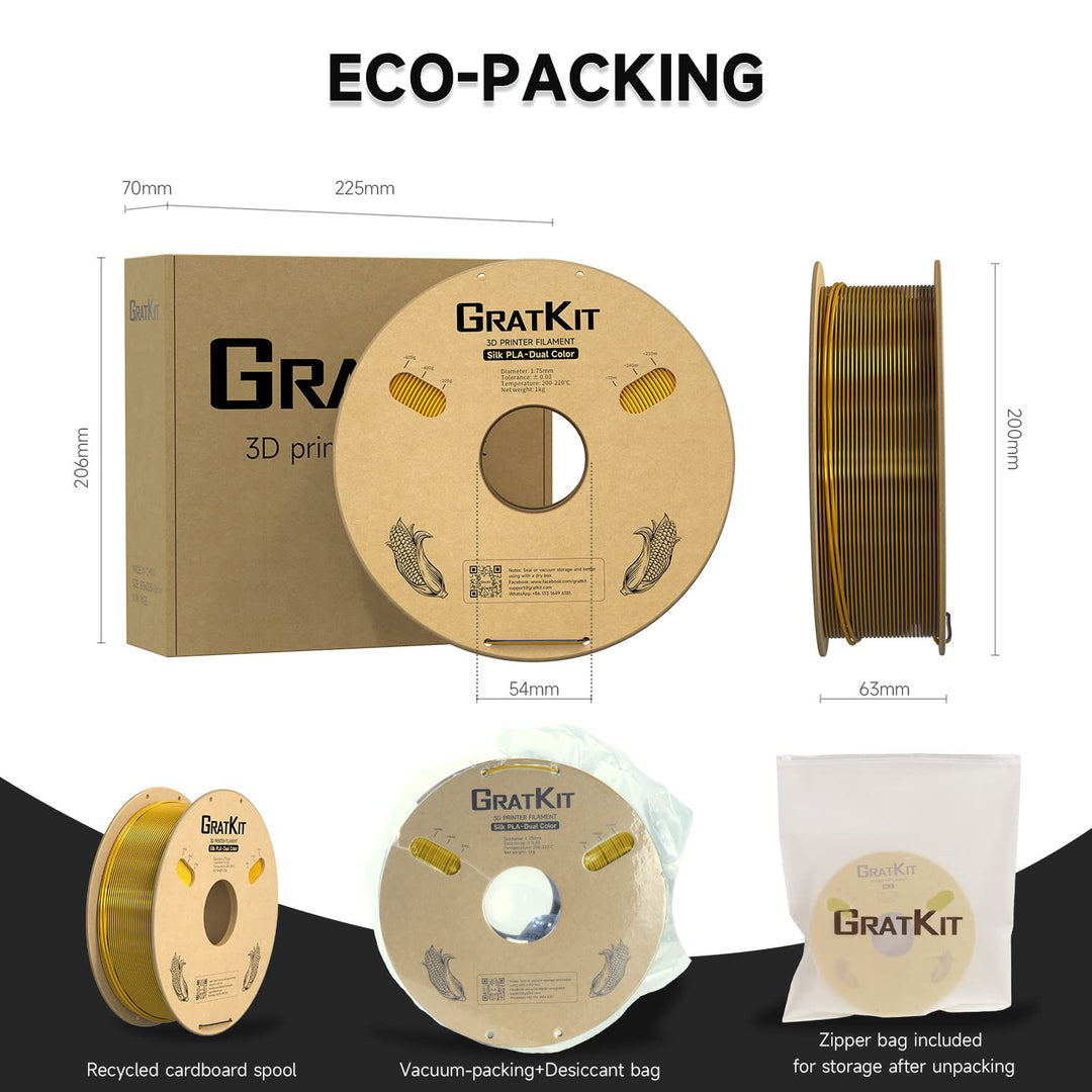 GratKit Silk Dual Color Filament PLA 1.75mm, -0.03mm, Coextrusion PLA Filament, 3D Drucker Filament,