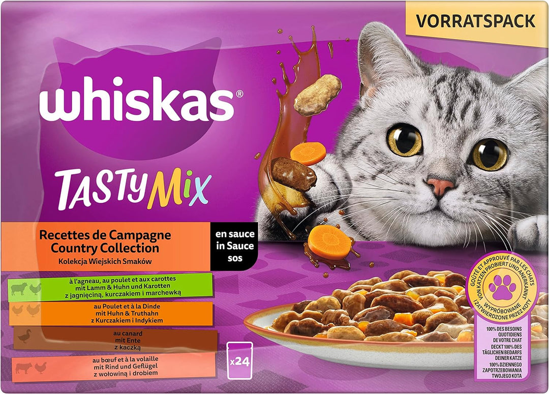 Whiskas 1+ Katzenfutter Tasty Mix Country Collection in Sauce & Senior 7+ Katzennassfutter Gemischte