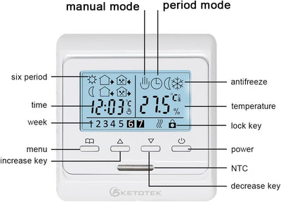 KETOTEK Digital Thermostat Fussbodenheizung Elektrisch Programmierbar Unterputz mit fühler AC 230V 1