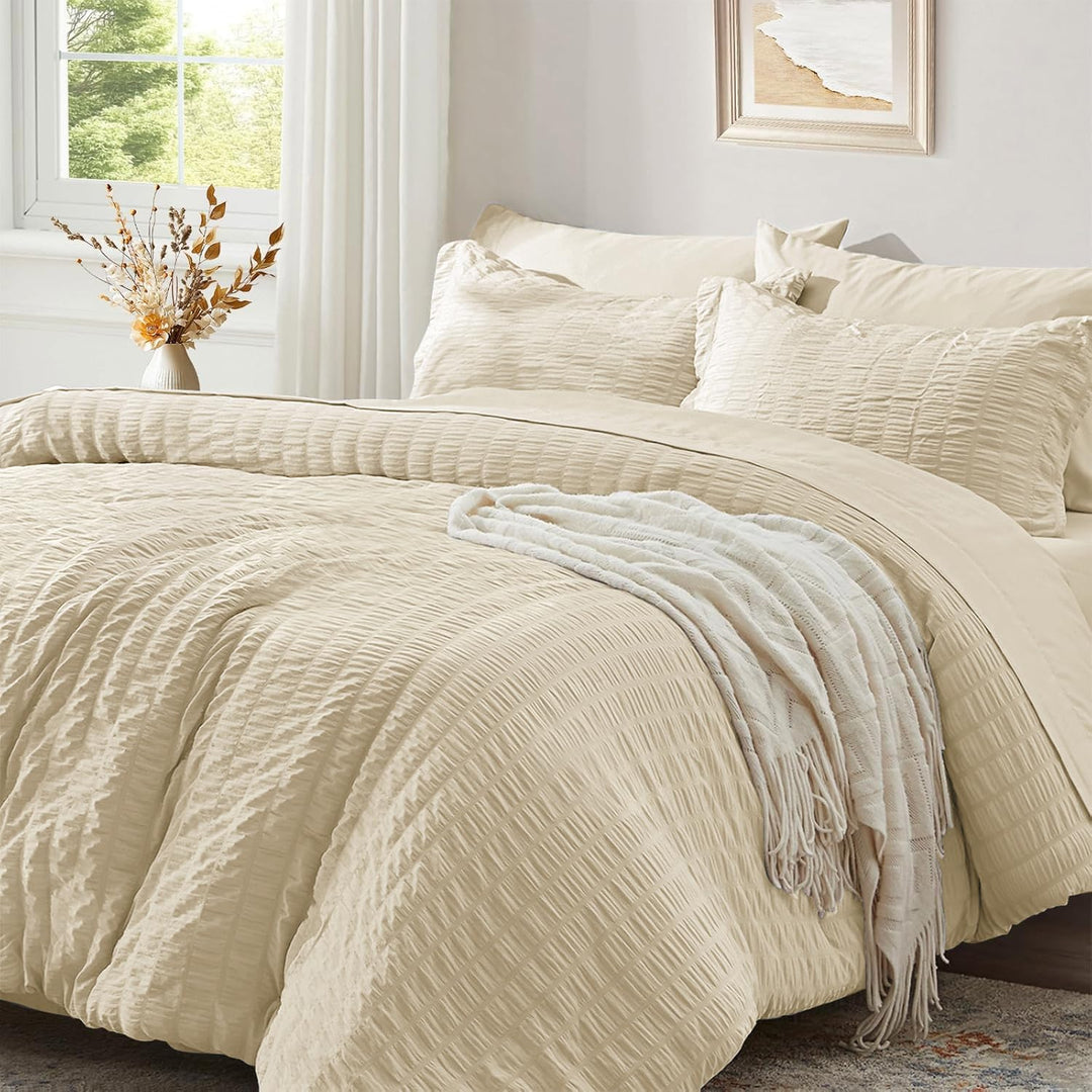 Seersucker Bettwäsche 135 x 200 Beige Khaki Sommer Uni Wende Gestreifte Sommerbettwäsche Microfaser