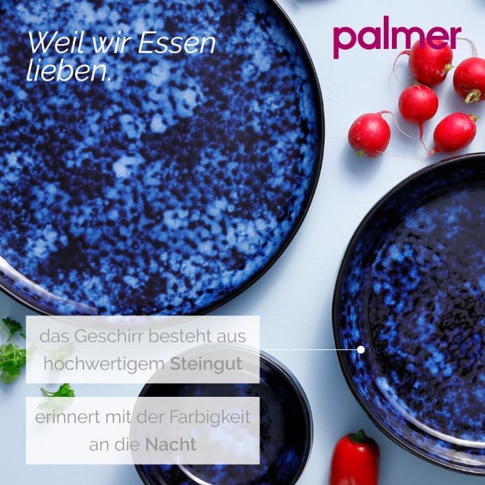 palmer Bama Blue grosse tiefe Teller - 2er-Set - Steinzeug - Ø 22 cm - blau schwarz hochglanz - für