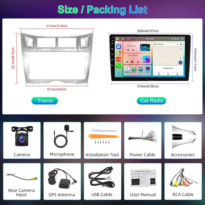 Hodozzy 8 Core 4G+64G Autoradio Android für Toyota Yaris/Vizi 2005-2011 9 Zoll IPS Touchscreen Bilds