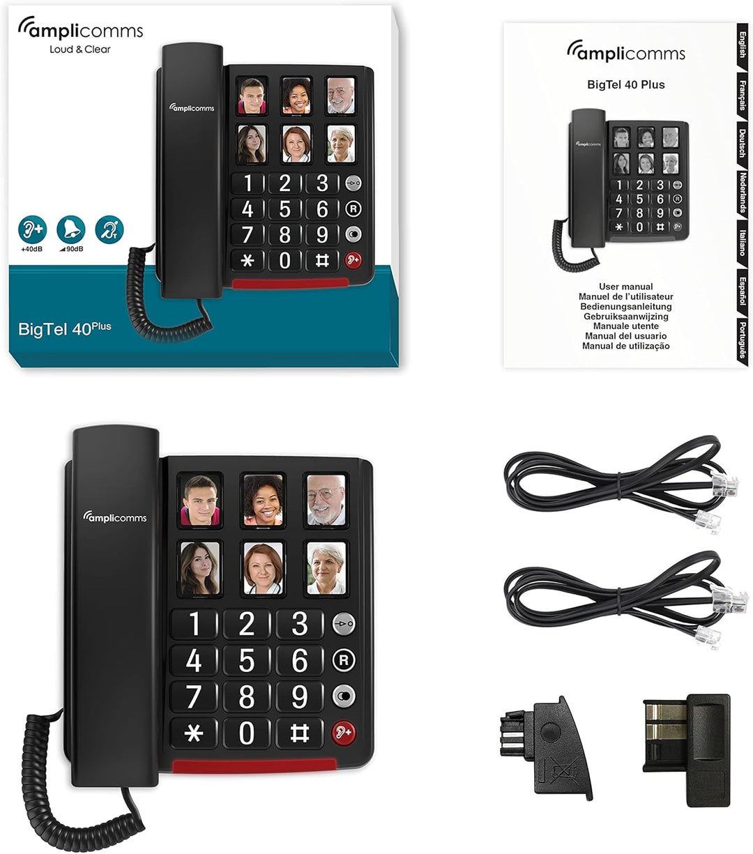 Amplicomms BigTel 40 Plus, schnurgebundenes Grosstasten-Telefon, sechs Foto-Direktwahltasten, Audio-