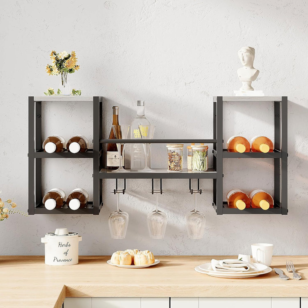 VEDECASA Weinregal Wand, 3 Ebenen Wand-Weinregale mit 6 Glashaltern, Wandmontage Wine Display-Stände