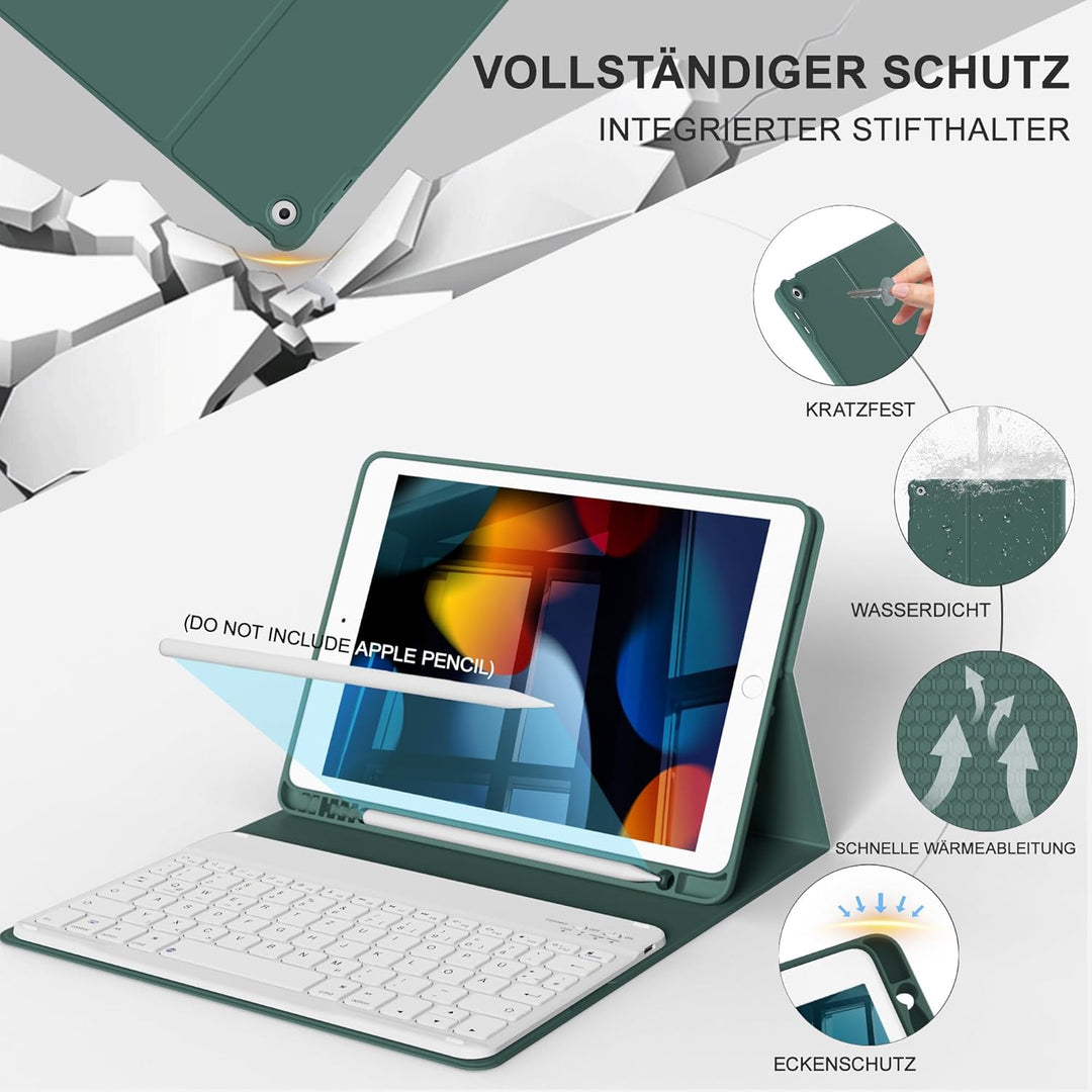 Tastatur Hülle für iPad 10.2 Zoll (9/8/ 7 Generation - 2021/2020/2019), Schutzhülle mit TPU Rückscha