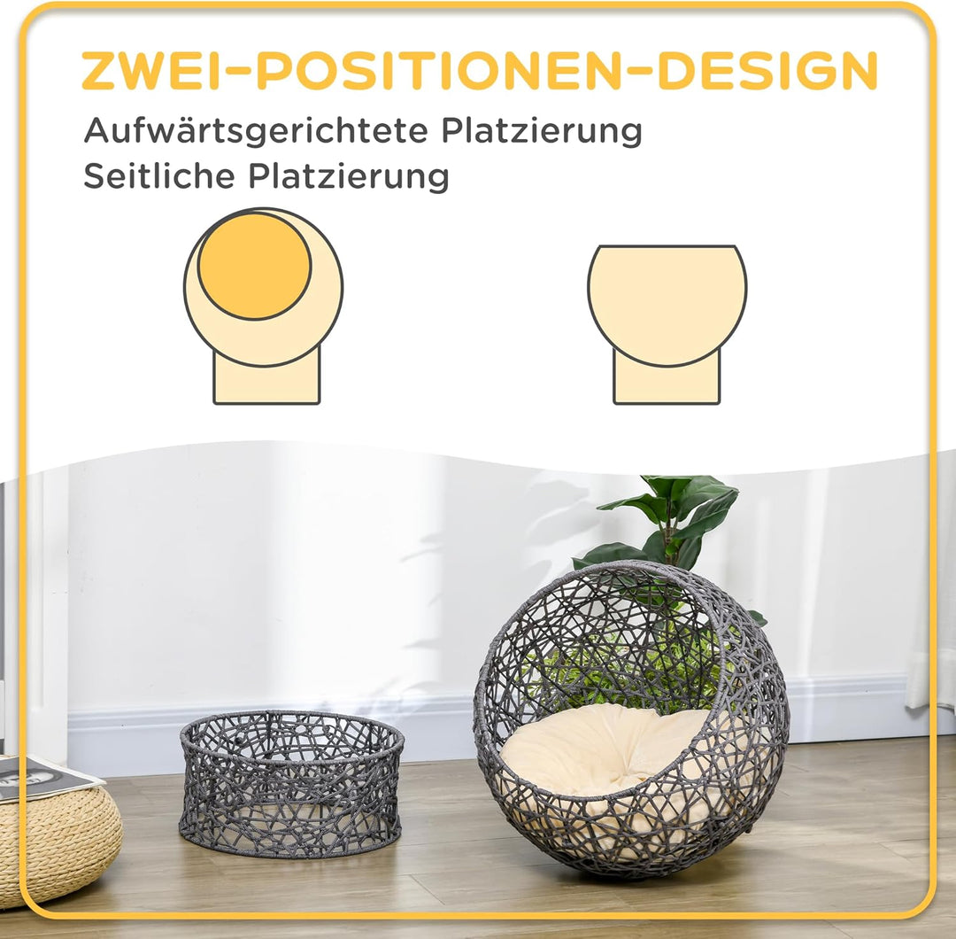 PawHut Katzenkorb, Katzenhöhle mit Kissen, Katzenhütte aus Polyester-Seil, Katzenbett mit Zylindrisc