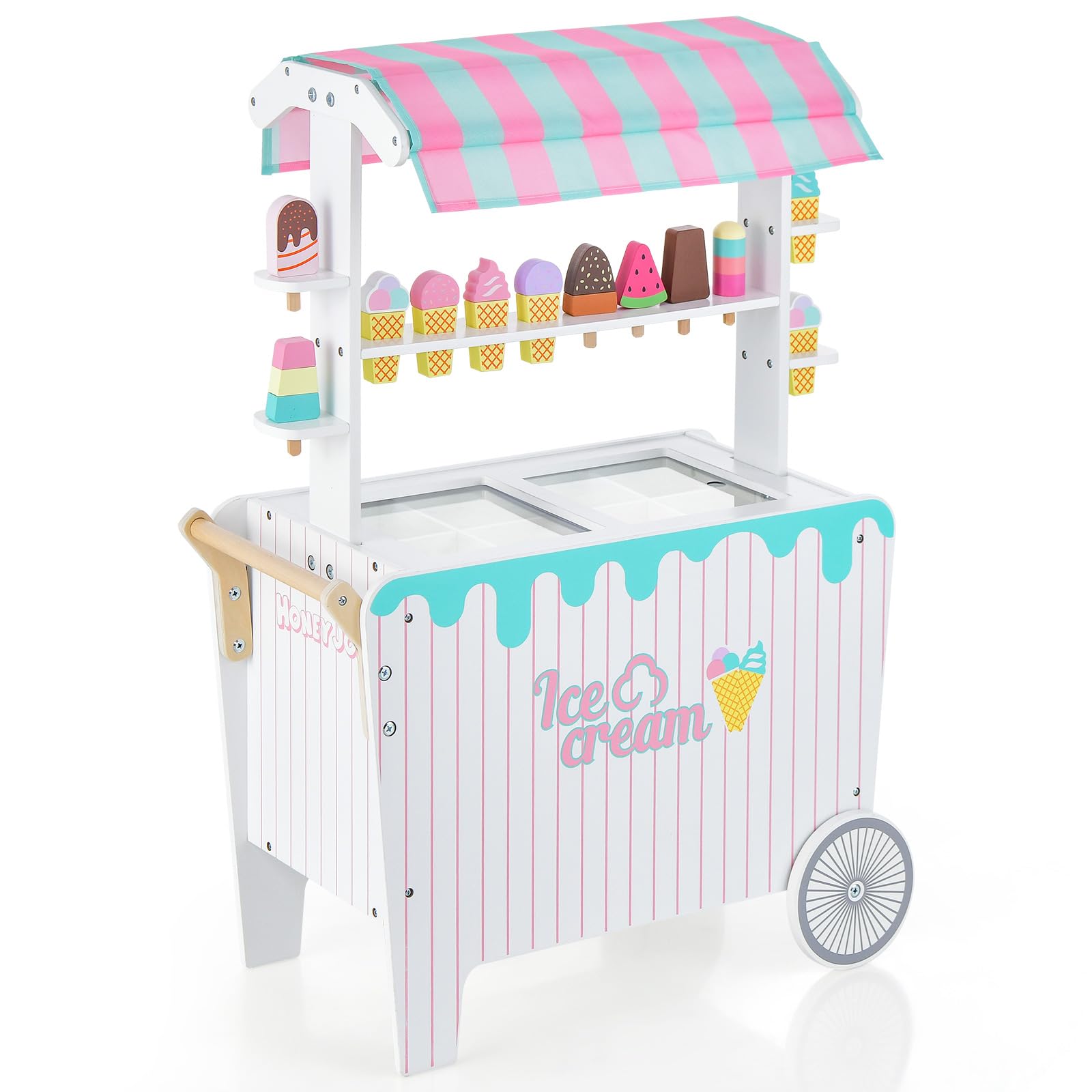 COSTWAY Kinder Eiswagen mit 12 Eiscreme, Kaufladen aus Holz mit 2 Räde ...
