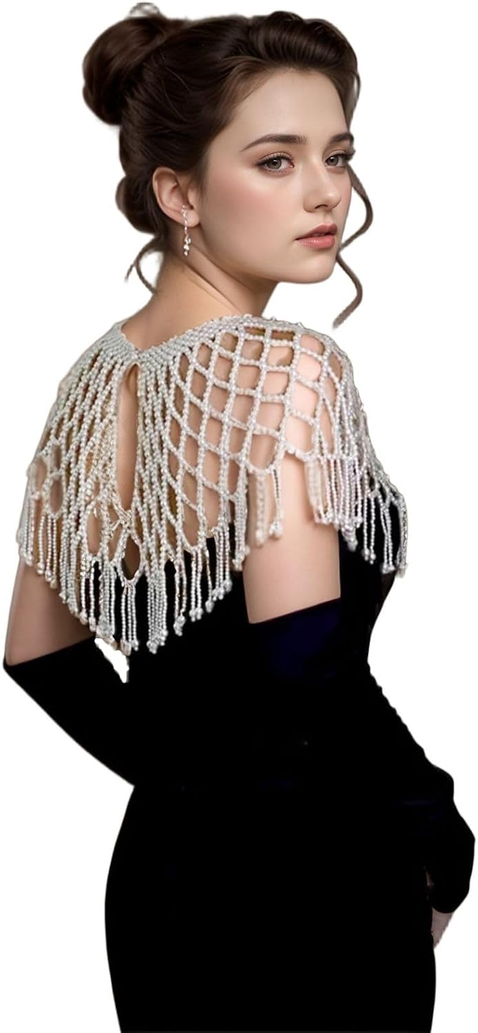 Vintage-Perlen-Umhang, Damenschal, Perlen-Capelet für Braut, Hochzeit, Steampunk-Kostüm Einheitsgrös