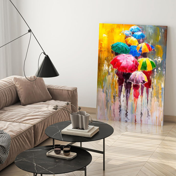 wandmotiv24 Leinwandbild Malerei, 80x60cm, Hochformat, Regenschirme, Menschen, Deko, Bilder auf Lein