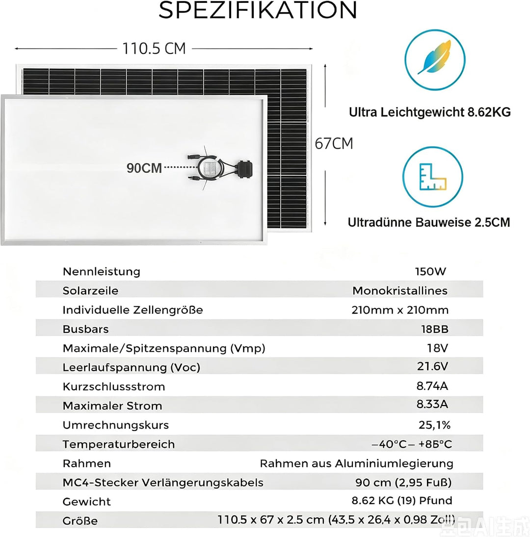 150W 12V Solarpanel Kit Set, 210mm Solarzelle Solarmodul 150Watt Mit 30A 12V/24V Solarladeregler + S
