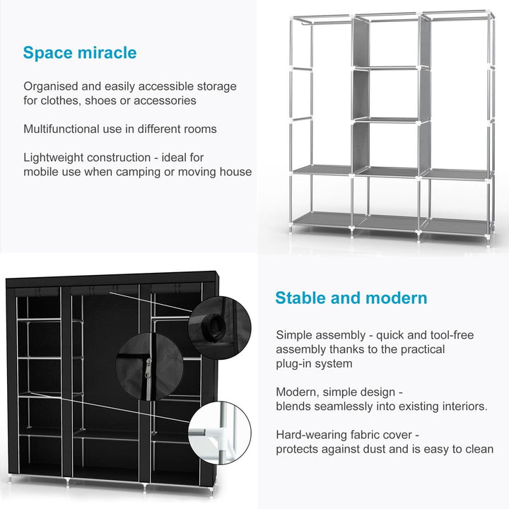 Faltschrank 150x175x45 cm in Raben SCHWARZ - mit Reissverschluss Stoffschrank Kleiderschrank mit Kle