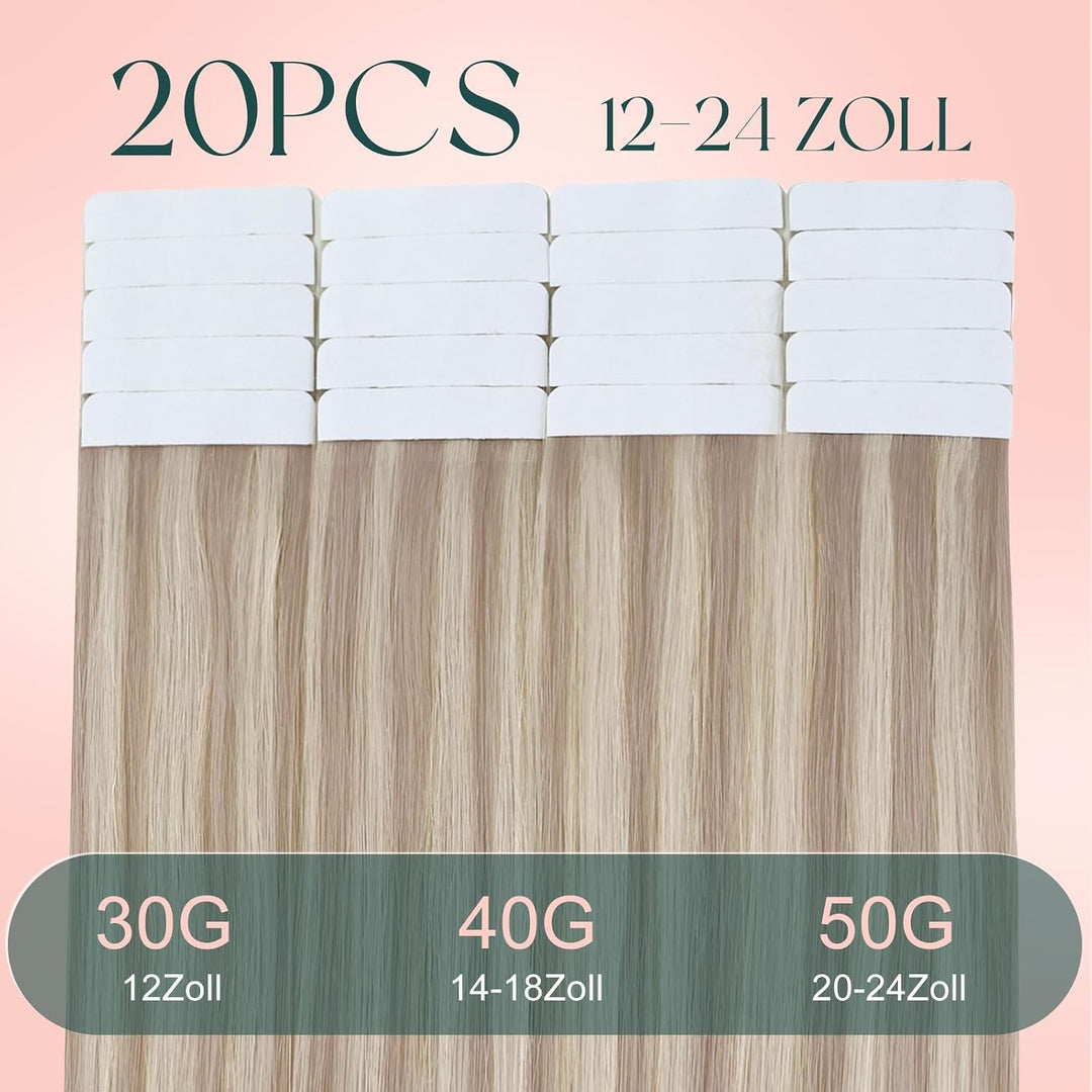 Easyouth Extensions Tape Balayage 20zoll Extensions Tape on Echthaar Aschblondes Highlight mit Hellb