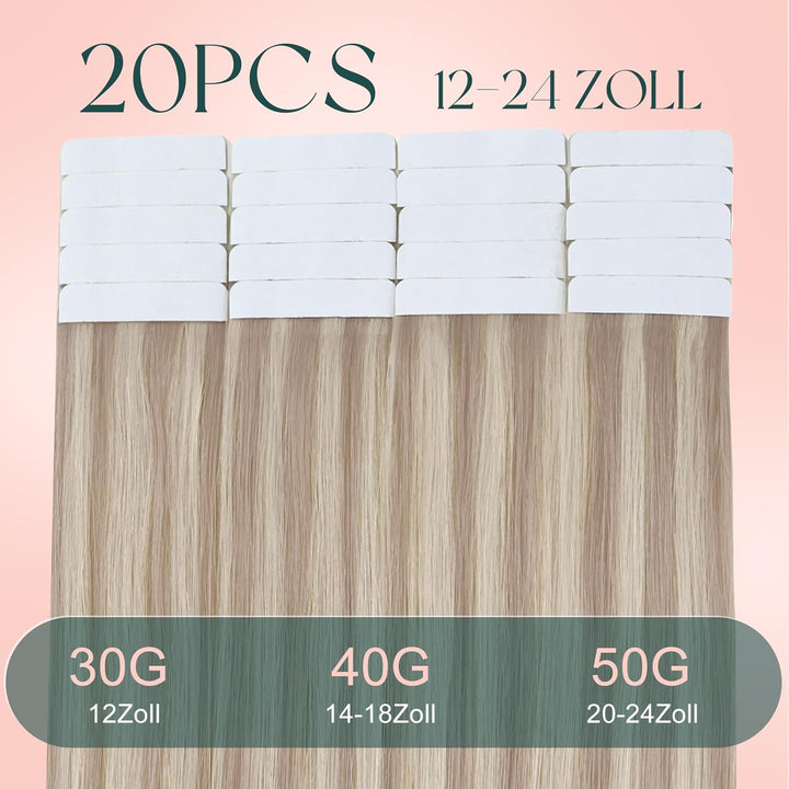 Easyouth Echthaar Extensions Tape in Remy Haarverlangerung Tape Extensions Aschblond Mix Hellblond T