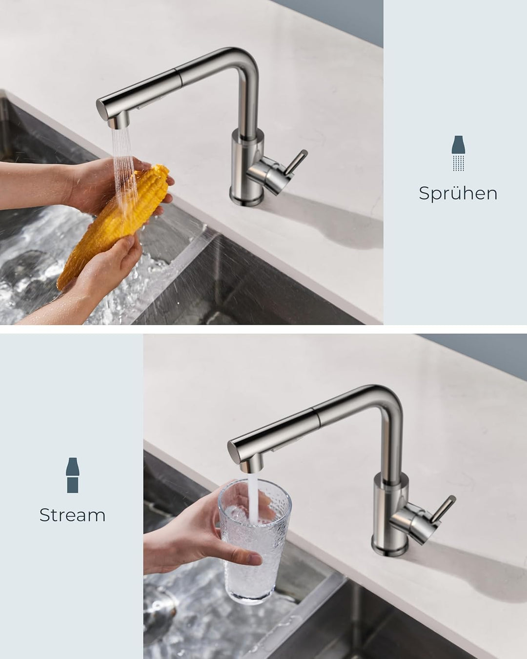 FORIOUS Wasserhahn Küche, Küchenarmatur Ausziehbar mit Brause, Spültischarmatur Küche, L-förmiger Ed