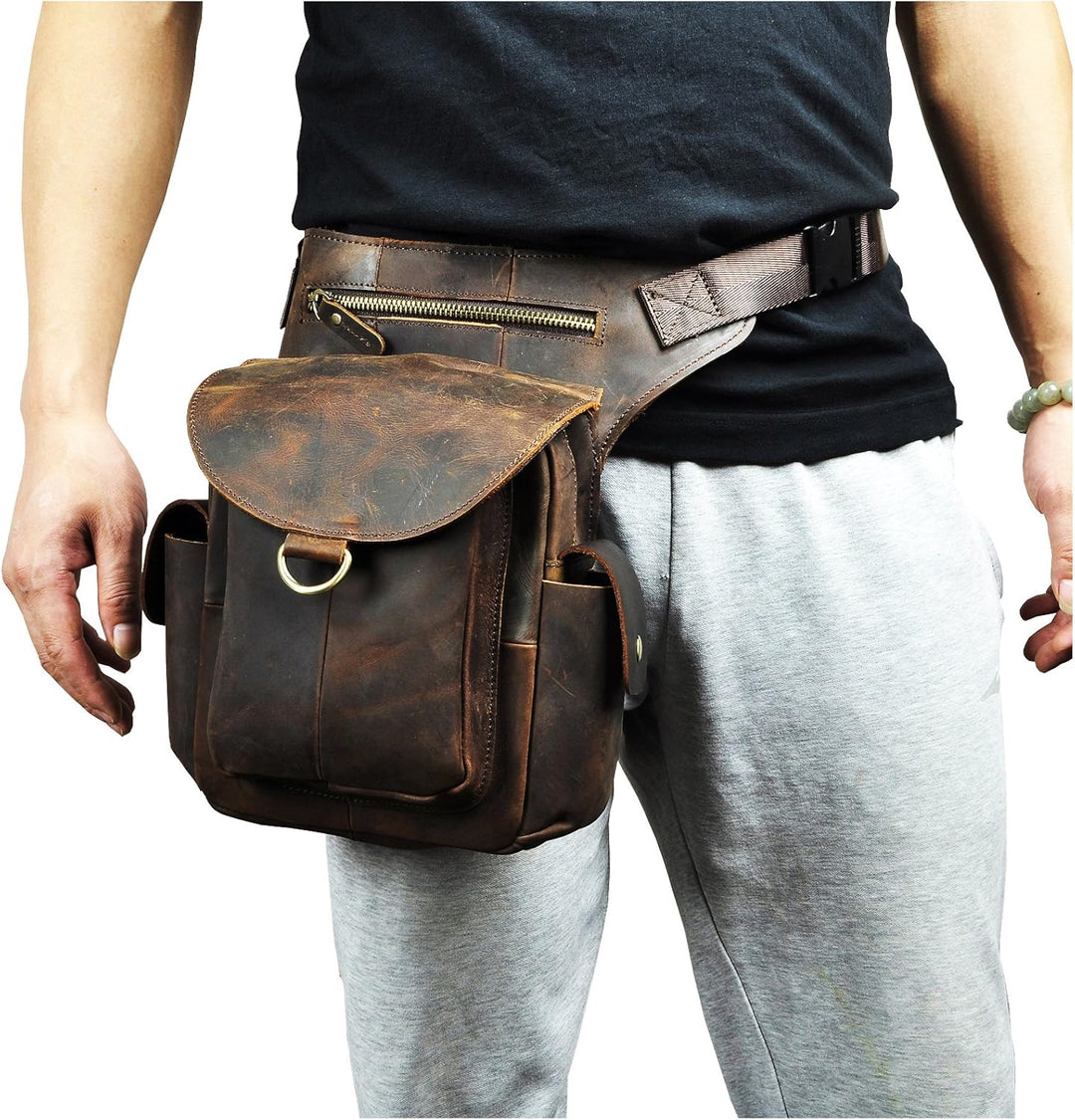 Le'aokuu Herren Echtes Leder Tasche Schultertasche Gürteltasche Beinbeutel Beintasche Hüfttasche Dro