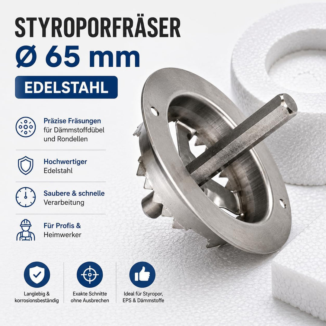 Premium Styroporfräser Ø 65 mm Edelstahl WDVS Fräser für Dämmstoffdübel Styroporschneider Fräswerkze