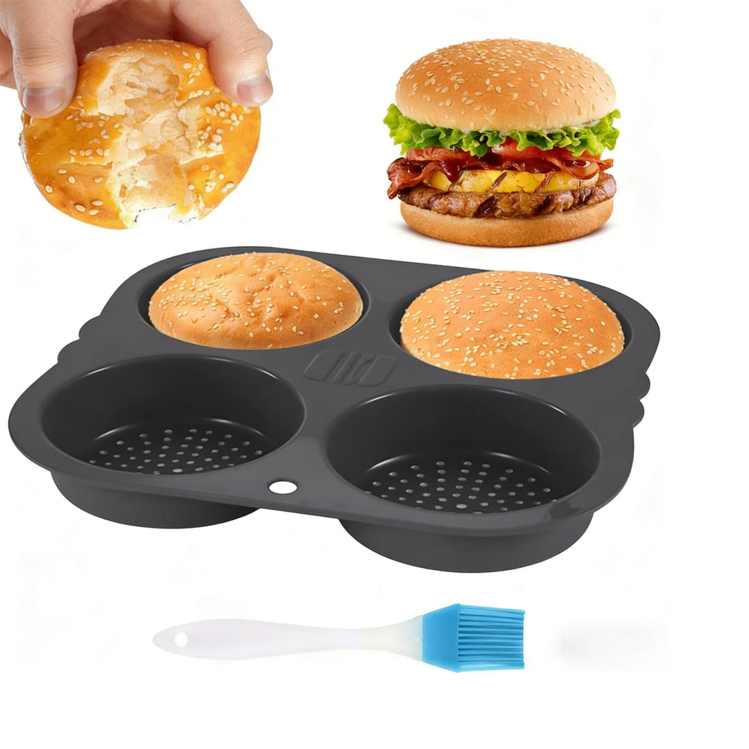 Burger Buns Backform Silikon, 23.5 X 23.5 X 4cm Burgerbrötchen Backform Rund 4 Gitter 10cm Brötchenb
