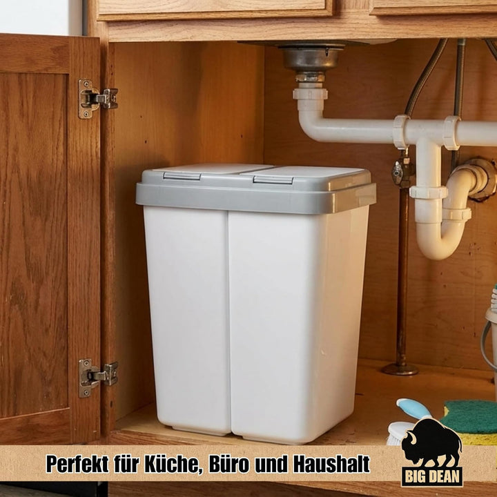 BigDean Zweimer Duo Müllbehälter mit Deckel 2 x ca. 25 Liter, Kunststoff Mülleimer für die Küche ger
