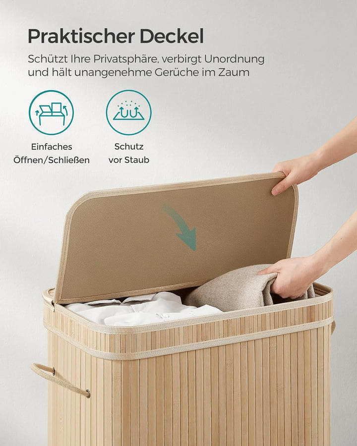 SONGMICS Wäschekorb mit Deckel, Wäschesammler Bambus, Wäschesack herausnehmbar und maschinenwaschbar
