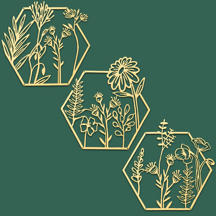 3 Stück goldene Metallblumen-Wanddekoration, minimalistisch, florales Wandbehang, Dekoration, Metall