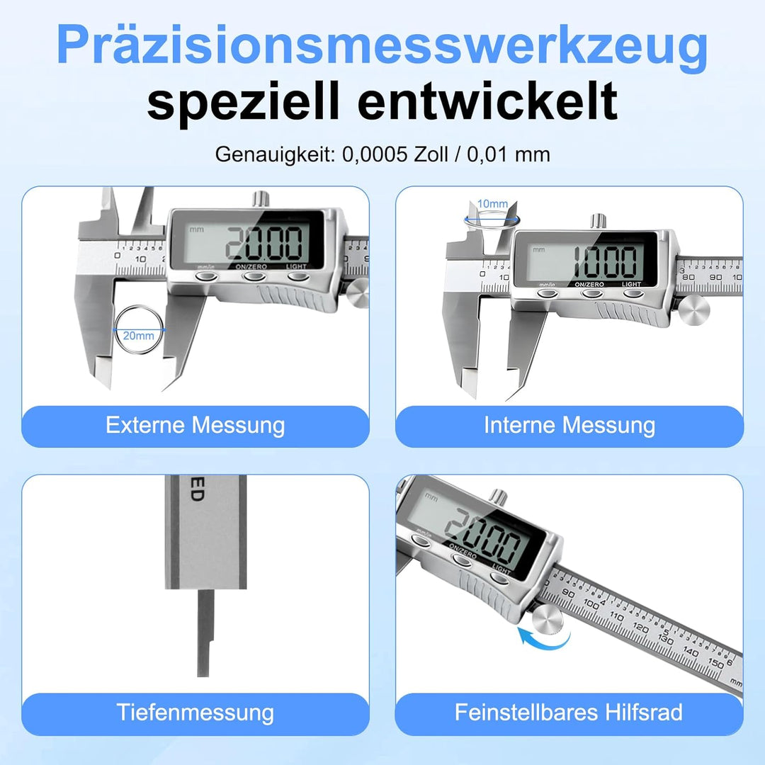 Digitaler Messschieber 150mm Edelstahl, USB-C Wiederaufladbar, IP54 Schutz, ±0,02 mm Präzision, Schi