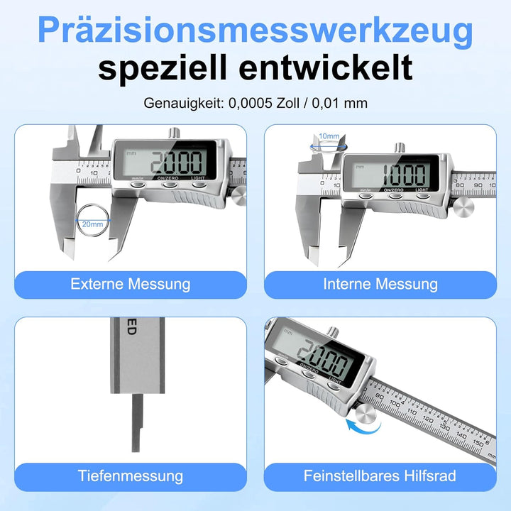 Digitaler Messschieber 150mm Edelstahl, USB-C Wiederaufladbar, IP54 Schutz, ±0,02 mm Präzision, Schi