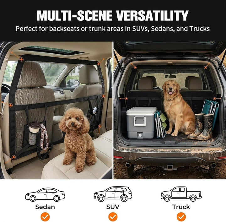 Hundegitter Auto Rücksitz & Kofferraum — 107*127cm Hundeauto Trenngitter mit verstärkte Transparente