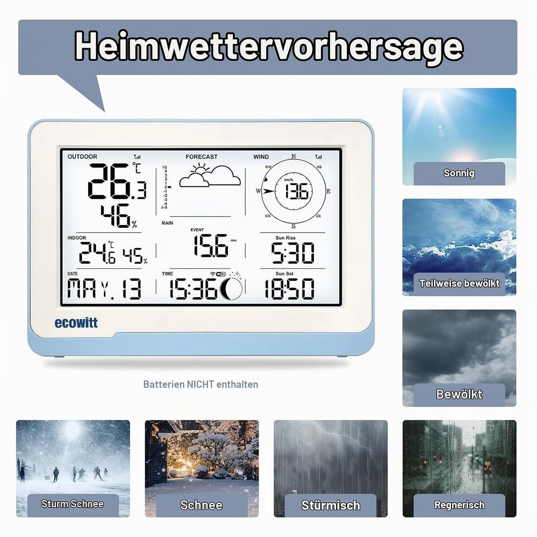 ECOWITT Funk-Wetterstation WS3802 mit 7,5 Zoll LCD-Display, Garten-Wetter-Sensor WS85 (Solarpanel/Re