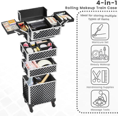 Yaheetech 4-in-1 Kosmetikkoffer, Trolley Schminkkoffer, Grosser Make up Koffer, Abschliessbar Multik